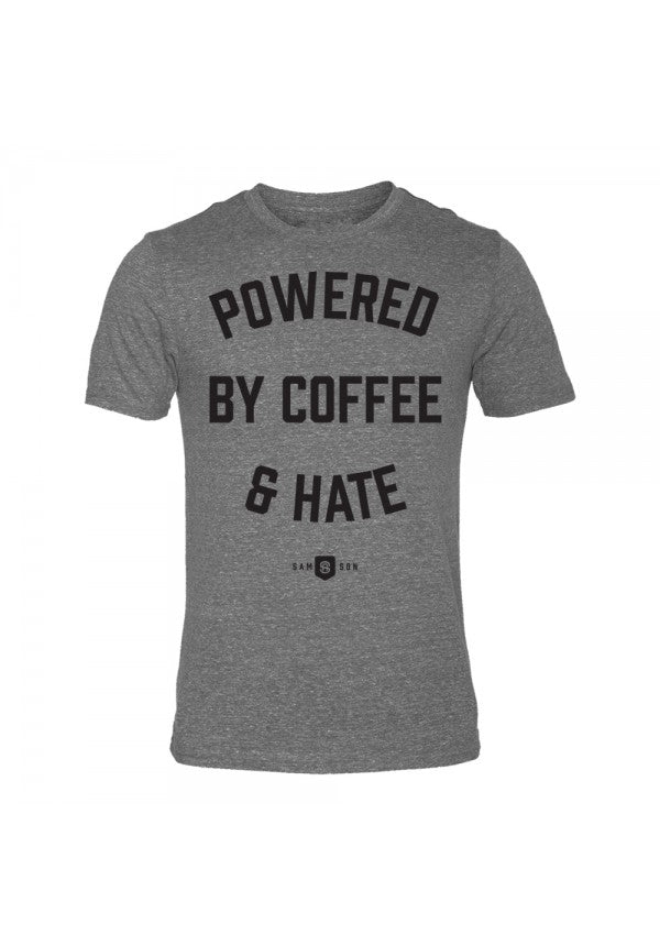 Mens gym t-shirt in grey with black letters with the phrase powered by coffee and hate. Designed by Samson Athletics
