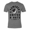 Mens gym t-shirt with a skeleton hand holding a coffee cup with the words powered by coffee and hate