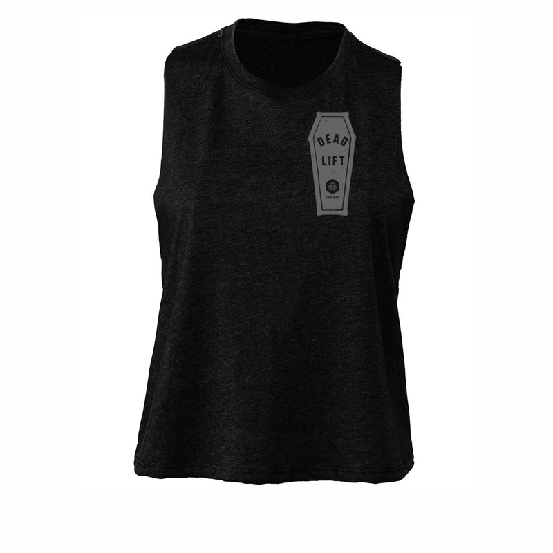 Gym Tank Top in charcoal grey with deadlift design in shape of coffin. Made by Samson Athletics