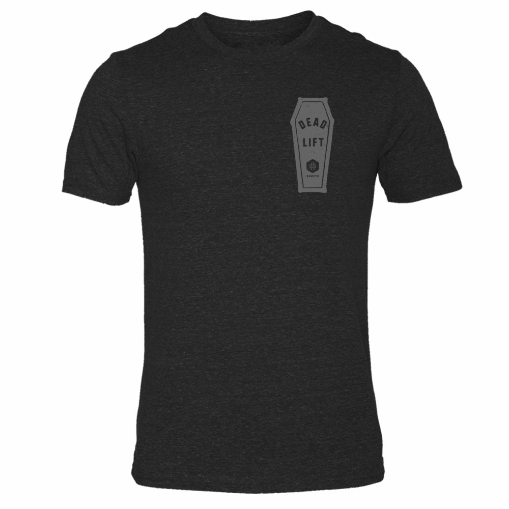 Mens gym t-shirt in charcoal grey with deadlift design in shape of coffin. Made by Samson Athletics