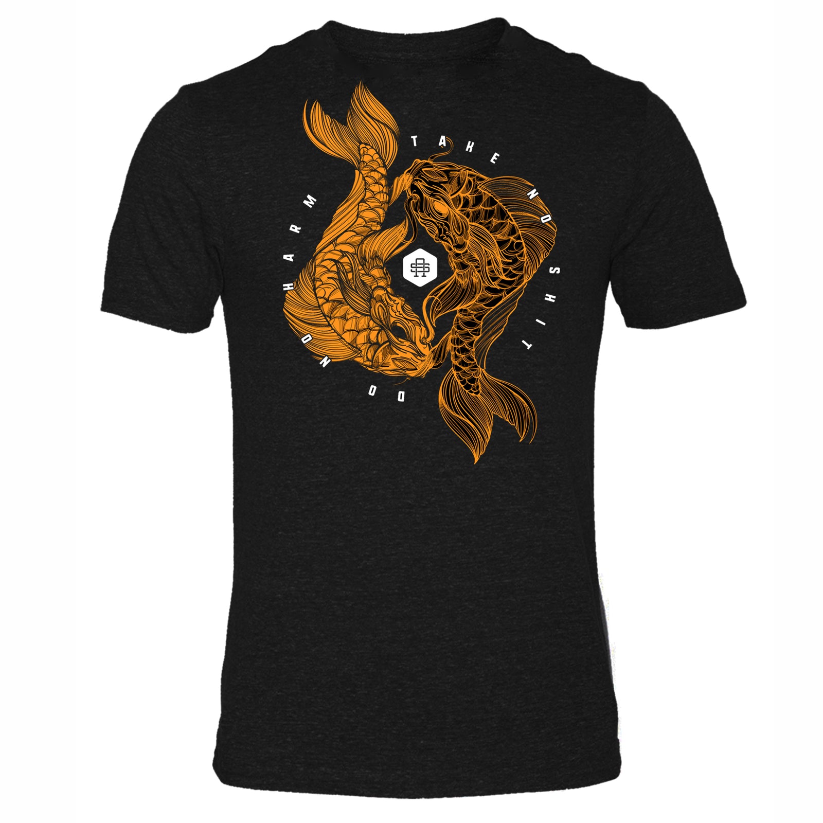 Mens Gym T-Shirt in black with a twin koi carp design which represents luck, harmony and happiness. Made by Samson Athletics