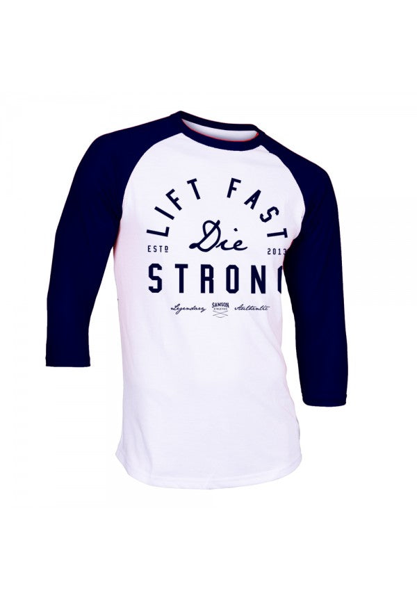 Lift fast die strong navy baseball t-shirt samson athletics